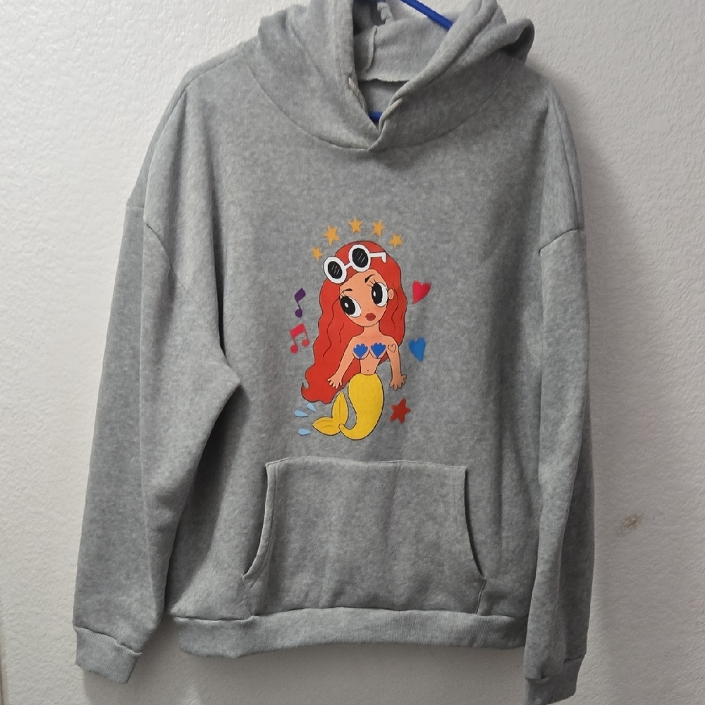 Gray Hoodie with Cartoon Mermaid Design
